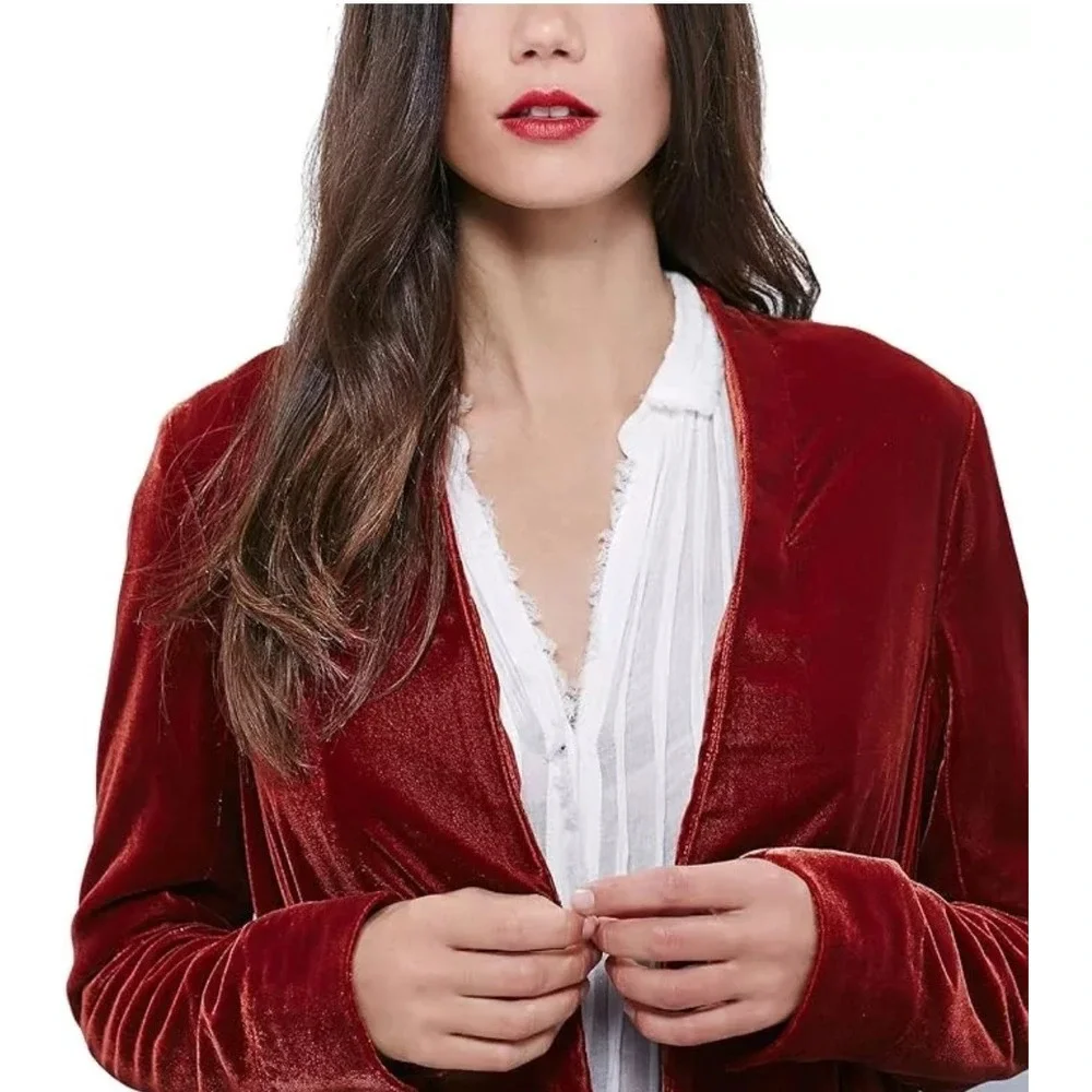 Urban CoCo Wine Red Velvet Cardigan Coat w/‎ Asymmetric Chiffon Hem Open Front M